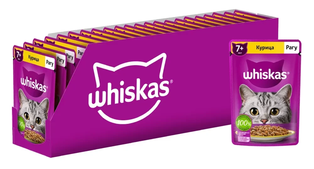 Влажный корм для кошек старше 7 лет Whiskas, рагу с курицей, 75 г x 28